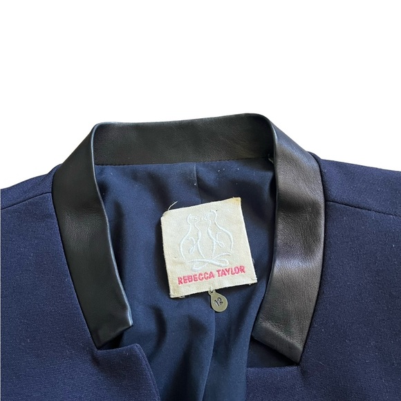 Rebecca Taylor Hook Front Leather Collar Blue Blazer Peplum Back Sz 12 Workwear - Picture 2 of 7